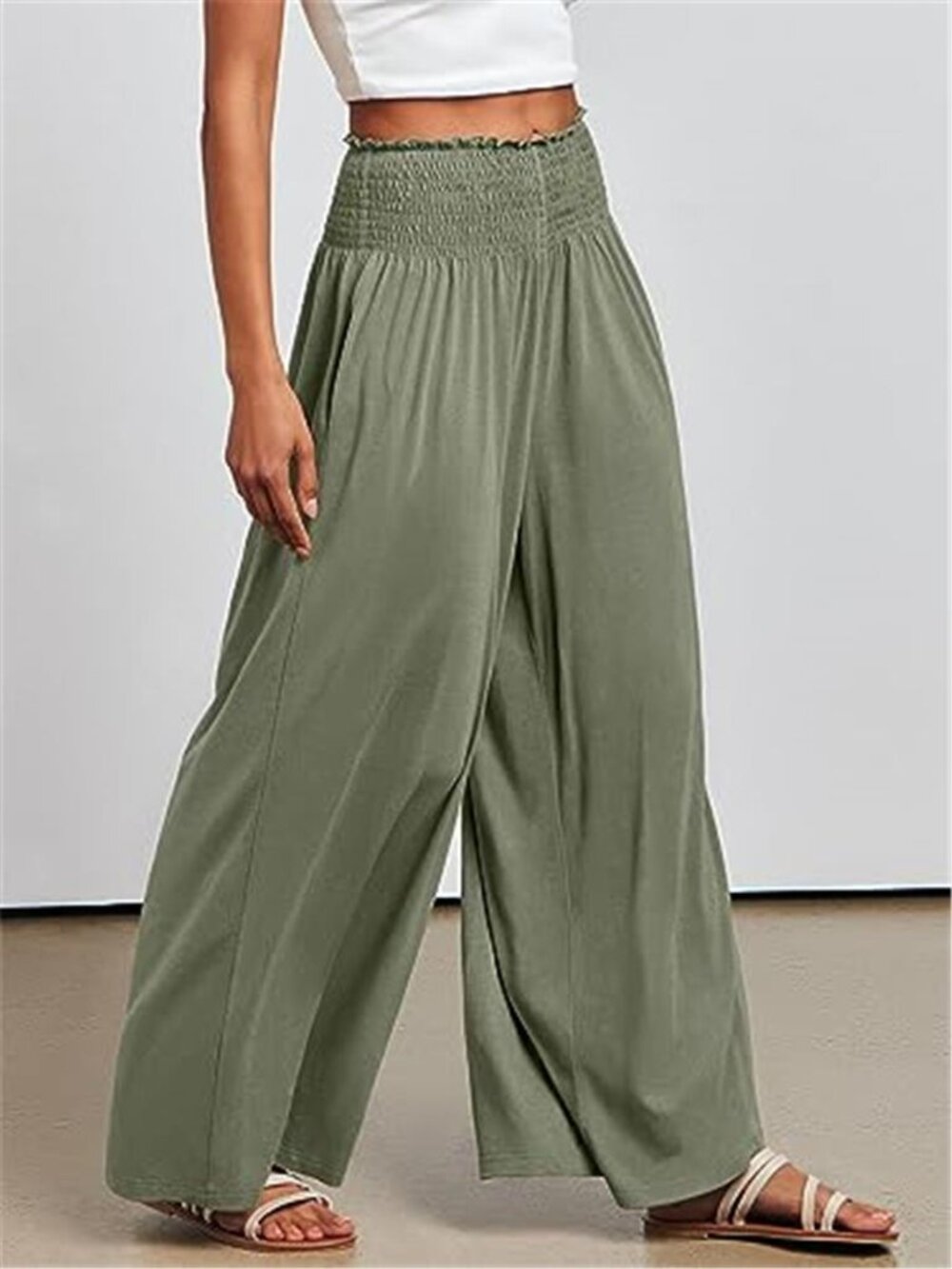Sage Green Palazzo Pants High Smocked Waist Wide Leg Lounge Trousers - Picture 4 of 6